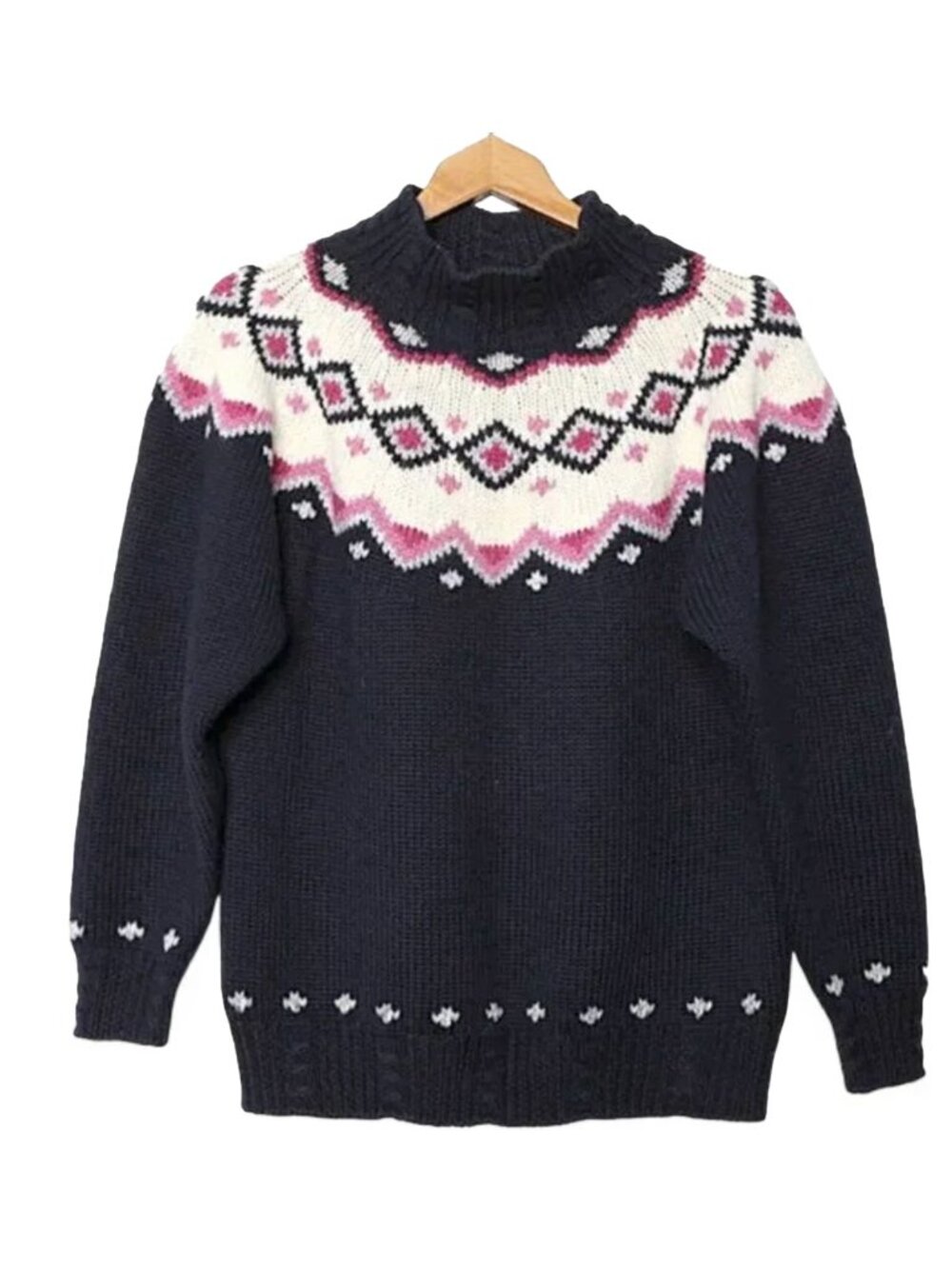 Vintage St Michael Fair Isle Wool Blend Sweater Pullover Navy Blue Pink Small S - Picture 3 of 11